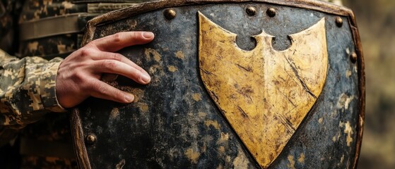 Weathered shield held by a hand protection history military concept