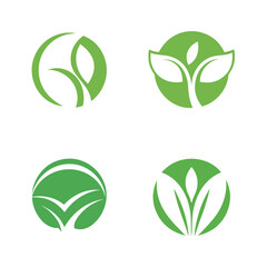 Four green leaf logos in circular frames on white background nature
