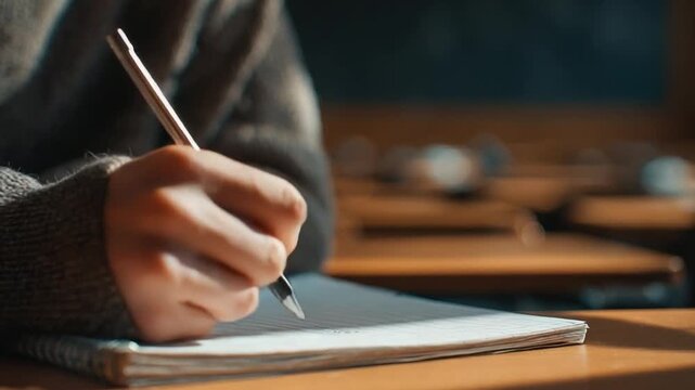 A person writes in a notebook with a pen at a wooden desk in a classroom.