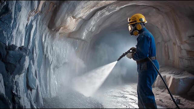 Worker using high-pressure water jet for rock surface cleaning in underground tunnel, industrial mining and safety equipment concept
