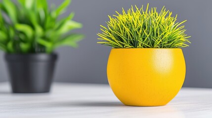 Bright Yellow Pot with Lush Green Grass and Black Pot in Stylish Interior Setting