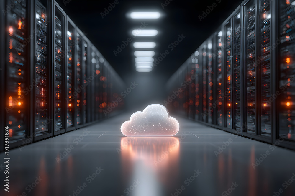 Poster cloud storage server futuristic technology cyber-world 3d ai illustration: datacenter with global ne