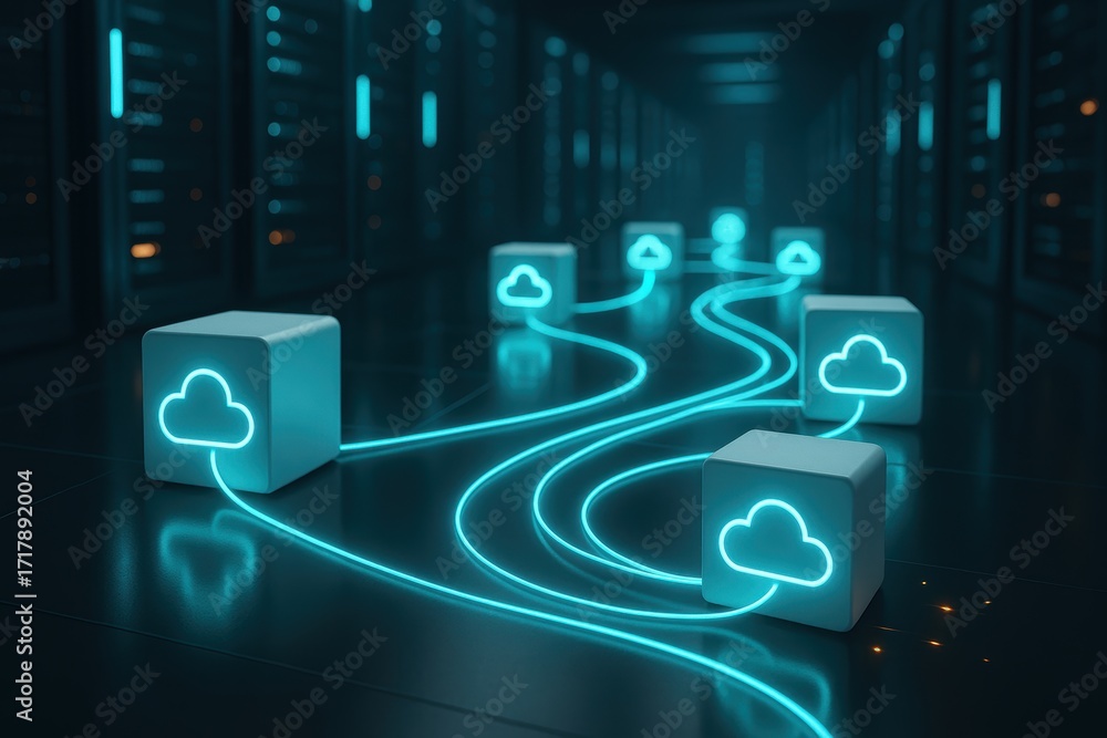 Poster connected clouds: an artistic illustration of interconnected cloud computing symbols against a futur