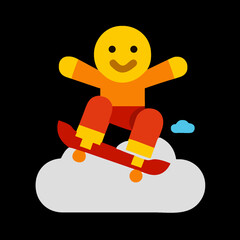 Smiling yellow face on cloud skateboard against white backdrop, small blue cloud.