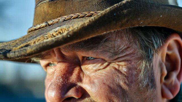 Intense cowboy eye closeup under hat&mdash;rugged detail and frontier spirit, pure Western authenticity and character.