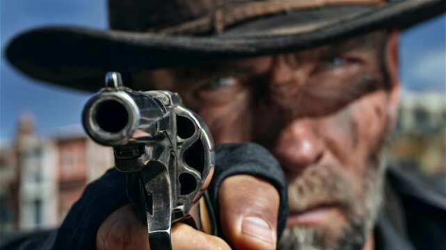 Wild west gunslinger aims revolver, cinematic showdown portrait representing grit, danger, and classic American west action.