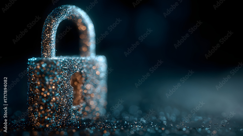Poster digital padlock for computing system on dark blue background, cyber security technology for fraud pr