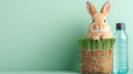 Cute Bunny Sitting on Grass with Water Bottle Against Light Green Background