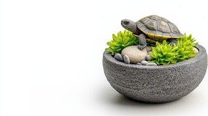 Cute Turtle on Decorative Stone with Green Plants in Modern Gray Bowl Display
