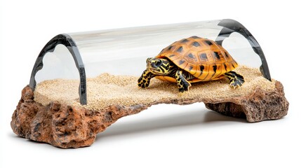 Realistic turtle inside a terrarium with rocks and sand for pet decoration