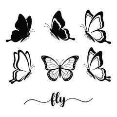 Set of six stylized butterfly silhouettes in various poses for creative design projects silhouette