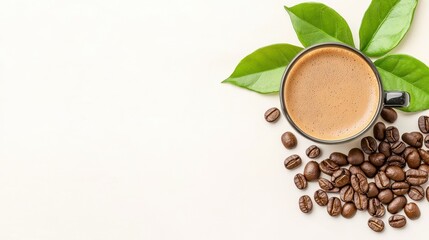Freshly Brewed Coffee with Beans and Green Leaves on Cream Background