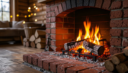 Cozy fireplace with burning logs and warm ambiance in cabin  