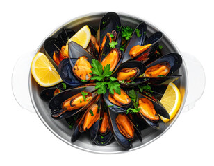 “Bowl of Steamed Mussels with Herbs, isolated on a transparent background”.
