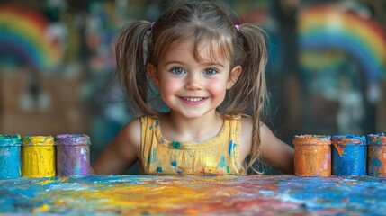 Unidentified little girl is painting the colorful rainbow and sky 