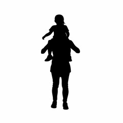 Mother giving son a piggyback ride silhouette isolated on white background