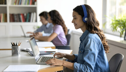 Fototapeta premium Concentration and Study: A young student focused intently on her laptop, with a bookshelf and colleagues visible in the background, symbolizing the spirit of learning and research. 