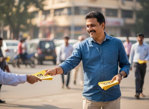 Indian man participating in Election Day activities, distributing flyers