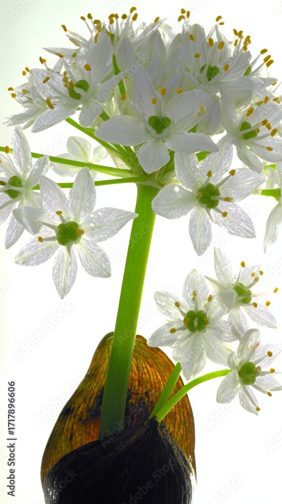 Poster close-up view of delicate onion flowers showcasing white spherical clustered petals against a clean 