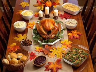 Thanksgiving dinner table displaying roasted turkey and side dishes