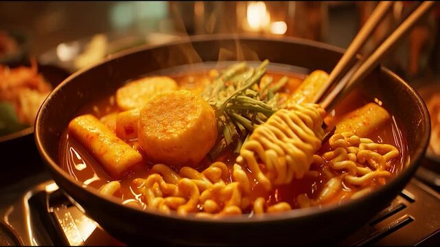 Hot and spicy Korean tteokbokki ramen with fish cakes, rice cakes, and vegetables served in a steaming bowl with chopsticks
