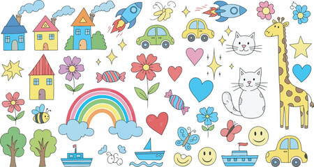 Fototapeta premium Kid school crayon doodle drawing background. Children pencil hand drawn bg. Cute summer flower, rainbow, cloud, sun, house icon. Vector art sketch child illustration. Crayon pattern colorful. Kids BG