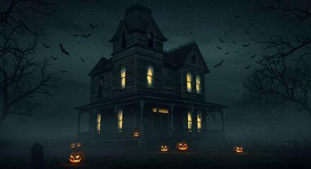Fototapeta premium Spooky Halloween Mansion A Dark and Mysterious Night