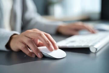 Fototapeta premium Professional Workspace: Hand Using Computer Mouse and Keyboard for Efficient Office Tasks
