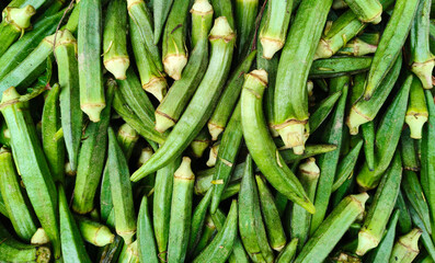 Close up shot of pile of fresh lady finger.