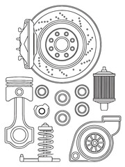 Automotive engine and brake system components line art illustration