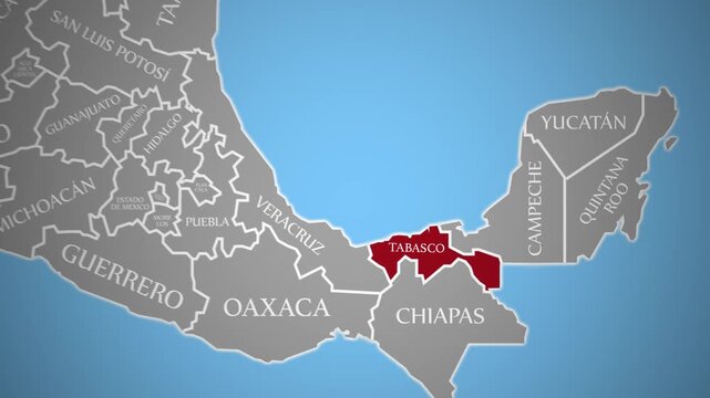 Tabasco Mexico 2D Map Graphic Showing State Borders and Outline Design
