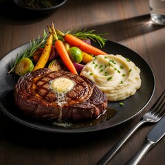 Juicy Grilled Ribeye Steak With Creamy Mashed Potatoes and Roasted Vegetables