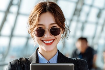 Cheerful woman wearing sunglasses holds a tablet while waiting at a modern airport during daytime