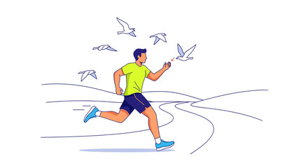 Runner Interacting With Birds While Enjoying Nature's Scenic Trail Exercise, Illustration