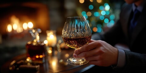 Enjoying a fine drink by the fireplace during a cozy evening gathering with bokeh lights in the background