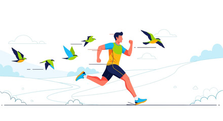 Fototapeta premium Running Man Chasing Abstract Colorful Birds, Exercise Concept for Stock Photos