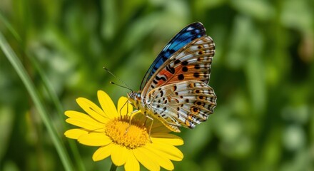 Obraz premium A vibrant butterfly gracefully sipping nectar from a sunlit yellow flower