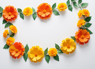 Fototapeta premium Bright orange and yellow paper flowers isolated on white background, arranged in a decorative frame to create a creative design.