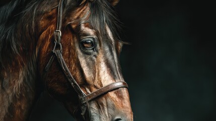 Captivating close-up of a brown horse with a bridle against a dark background showcasing its beauty and elegance