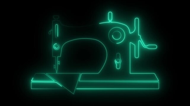 Neon glowing sewing machine icon, green luminous tailoring equipment, vintage fashion textile craft design on a black background.