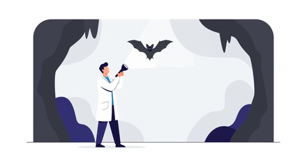 Scientist Studying A Bat Inside Of Cave, Illuminated By Flashlight In This Illustration