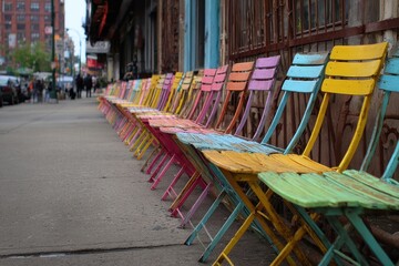 NYC Street Restaurant. Array of Colorful Outdoor Tables in Line Alongside the New York City Streets