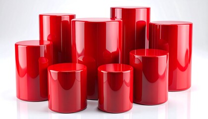 Red cylinders of varying sizes on white surface; glossy, 3D rendered look