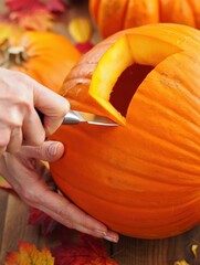 Hand carving halloween pumpkin creating jack-o'-lantern decoration