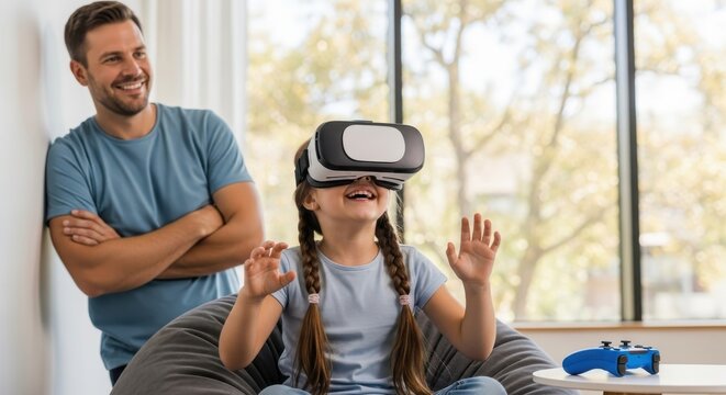 Girl Exploring Immersive Virtual Reality with Supportive Father in Relaxed Setting