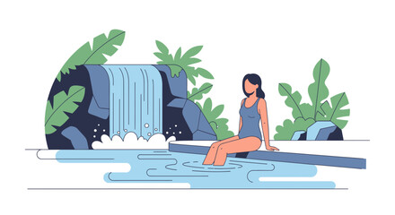 Fototapeta premium Serene Woman Enjoying The Refreshing Water In Front Of Waterfall For Relaxation Or Spa