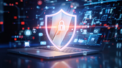 Laptop with Protection Shield - Computer security, antivirus, firewall concept