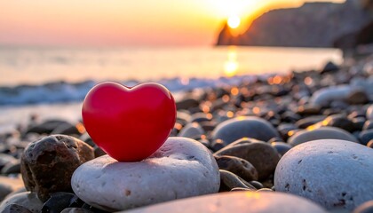 Red heart on beach pebbles at sunset; waves and distant cliffs create a serene, romantic view