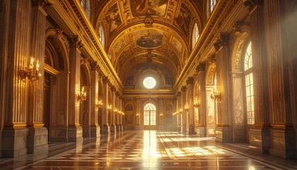 Obraz premium Opulent Golden Hall with Intricate Ornamentation, Dramatic Light Beams, Classic Architecture, Sparkling Details, and Luxurious Interior