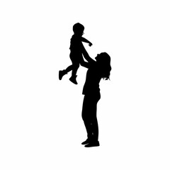 Silhouette of mother lifting her son playfully isolated on white background